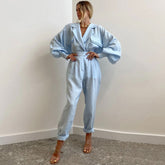 Athflow Peak Lapel Long Sleeve Linen Blazer Matching Set - Blue